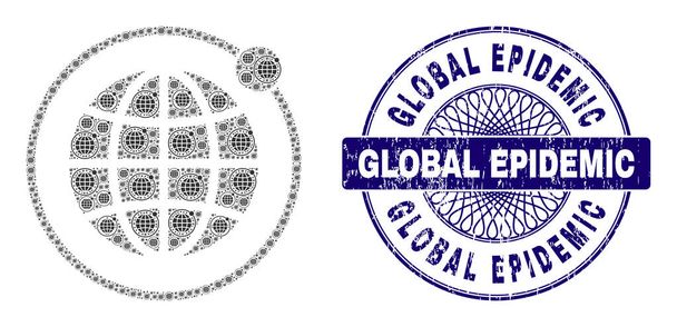 Planet Orbit Fractal Mosaic of Planet Orbit Items and Distress Global Epidemic Round Guilloche Seal Stamp - Vector, imagen