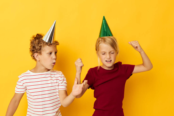 two joyful children fun birthday holiday emotions isolated background - Fotografie, Obrázek