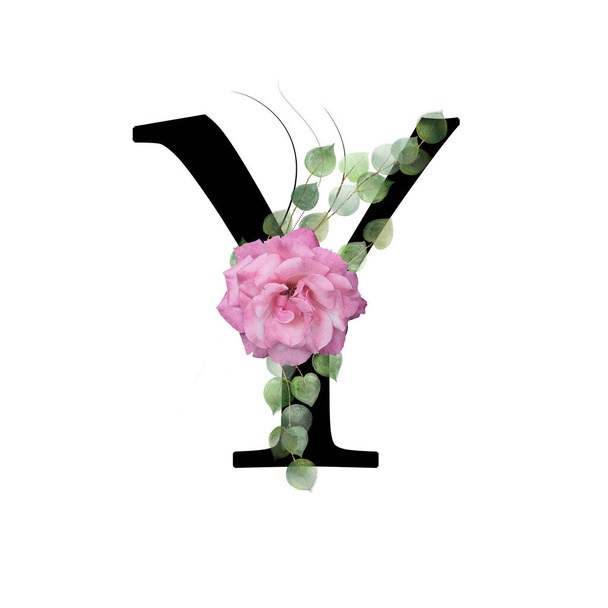 Capital letter Y decorated with pink rose and leaves. Letter of the English alphabet with floral decoration. Green foliage. - Photo, image