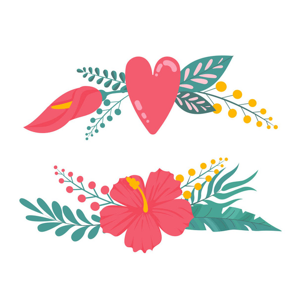 Composition of bouquet with hibiscus flowers with pink petals, tropical leaves, and floral elements on white background. Summer garden and wild flowers. Flowers esign composition with vector botanical - Vector, Image