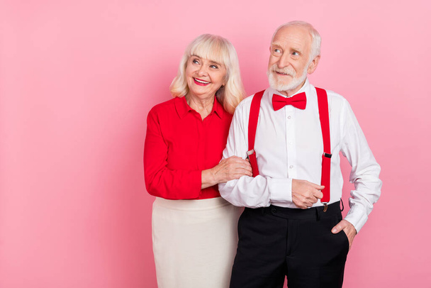 Photo of pensioner retired man lady walk occasion empty space wear stylish suspenders isolated pastel color background - Photo, image
