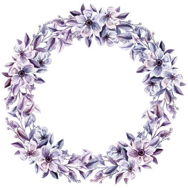 Very Peri. Spring flowers wreath. Isolated clip art element for design of invitations, cards. Arrangement of pink and white wildflowers in the form of a wreath. - Photo, Image