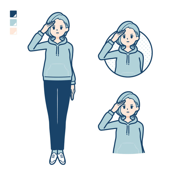 A Young woman in a hoodie with salute images.It's vector art so it's easy to edit. - Διάνυσμα, εικόνα