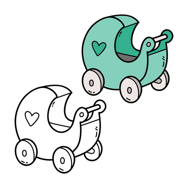 Vektori kuva väritys sivu doodle nukke lastenvaunujen ja romukirja - Vektori, kuva