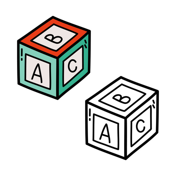 Illustrazione vettoriale da colorare pagina di doodle alfabeto cubo per bambini e rottami libro - Vettoriali, immagini