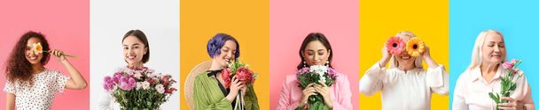 色の背景に新鮮な花を持つ美しい女性のグループ - 写真・画像