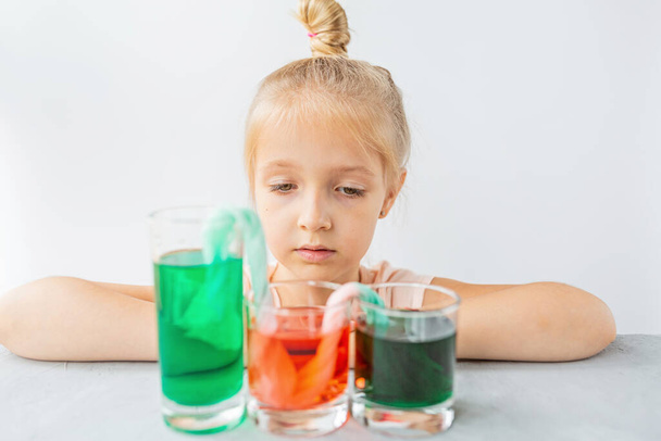 cute little girl six years old doing laboratory experiment with colorful water in classroom. Education science concept. Selective focus. Distance learning during covid-19 coronavirus quarantine. - Photo, image