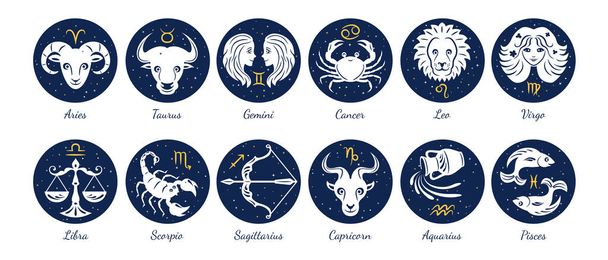Sada ikon znamení zvěrokruhu. Aries, leo, gemini, taurus, scorpio, aquarius, pisces, sagittarius, libra, virgo, kozoroh a rakovina. Vektorová ilustrace v kresleném jednoduchém stylu.  - Vektor, obrázek