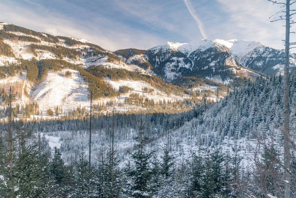 View of the white snow-capped peaks at Tatra mountains at winter time. Winter landscape view on Slovakia mountains from Poland. - Photo, Image