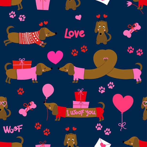 Dog pattern design with several dachshunds - funny hand drawn doodle, seamless pattern. Lettering poster or t-shirt textile graphic design. wallpaper, wrapping paper, background. Modern doodle Style  - Vector, Image