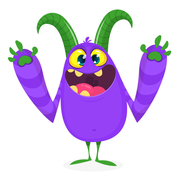 Happy cool cartoon fat monster. Horned vector monster character - Vector, Image