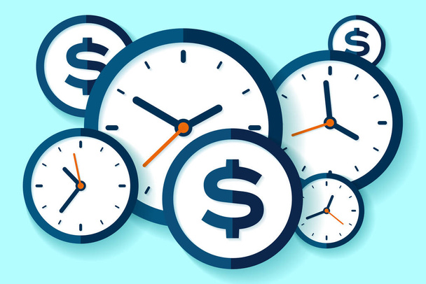 Clock and dollar icons in flat style, timers and money sign on color background. Time management. More watch. Business vector illustration for you presentation - Vektör, Görsel