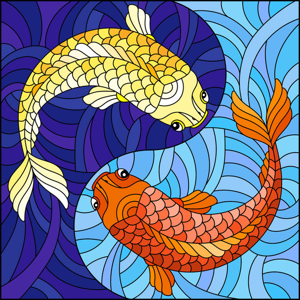 Иллюстрация в витражном стиле с двумя рыбами на фоне воды в виде знака Инь Ян, квадратное изображение - Вектор,изображение