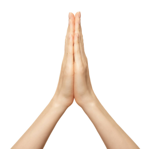 Ruce složené v namastové modlitbě izolované na bílém. Ženské ruce modlit ukazují naději a náboženství. Indické nebo jóga gesto prsty. - Fotografie, Obrázek