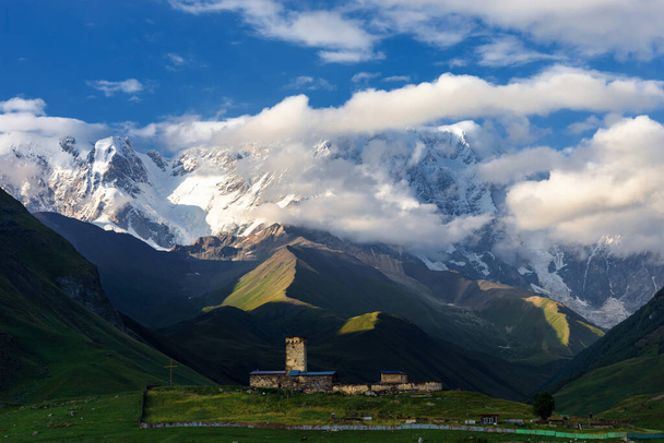Panoramic view on Medieval towers in Mestia in the Caucasus Mountains, Upper Svaneti, Georgia. - Photo, Image