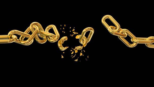 gouden gouden ketting breken in vele stukken horizontaal geïsoleerd in witte achtergrond - 3d rendering - Foto, afbeelding