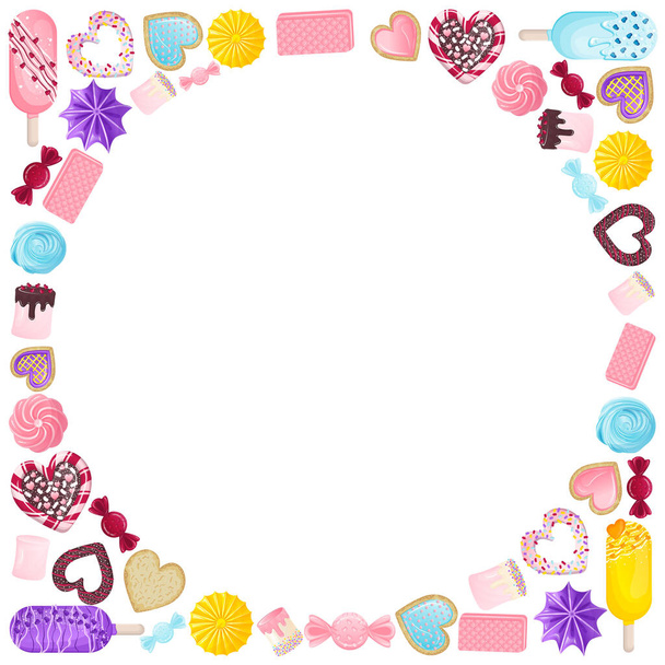 Telaio con un cerchio vuoto all'interno fatto di dolci, pan di zenzero, marshmallow, lecca-lecca a forma di cuore con spruzzi e glassa - Vettoriali, immagini