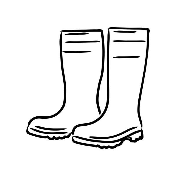 Kumi saappaat eristetty valkoisella pohjalla. Syksyn kengät kävely lätäköissä. Vedenpitävät saappaat. Puutarhurin saappaat puutarhassa työskentelyyn. vektorikuvaus Doodle-tyyliin - Vektori, kuva