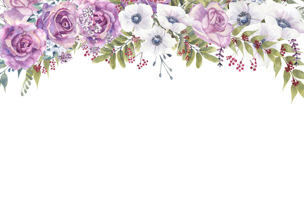 Γεωμετρικό φλοράλ πλαίσιο με μωβ τριαντάφυλλα και ανεμώνες σε γυάλινο βάζο σε λευκό απομονωμένο φόντο. Χειροποίητη απεικόνιση ακουαρέλας - Φωτογραφία, εικόνα