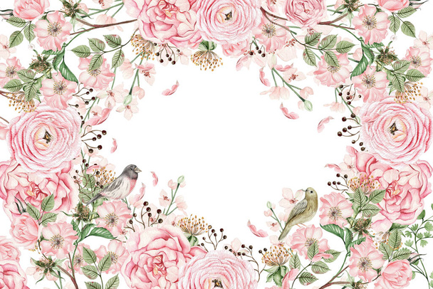 Belle carte de mariage aquarelle avec des fleurs de printemps roses et des bourgeons. Illustration - Photo, image