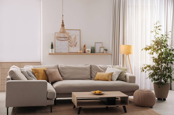 Stylish living room interior with comfortable grey sofa and coffee table - Foto, imagen