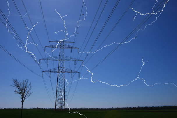single electricity pylon with many bright lightnings electricity prices increase due to inflatio - Photo, Image