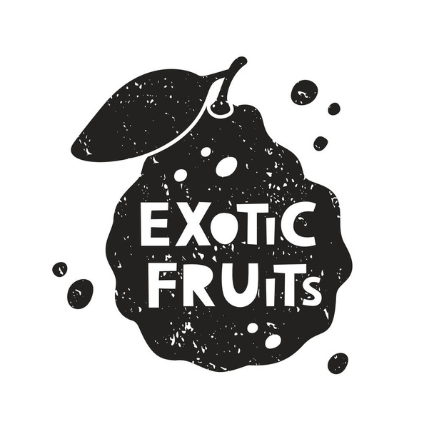 Exotic fruits grunge sticker. Black texture silhouette with lettering inside. Imitation of stamp, print with scuffs. Hand drawn isolated illustration on white background - Wektor, obraz