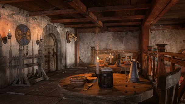 Al piano superiore sala da pranzo in una locanda medievale con cibi e bevande sui tavoli e scudi che decorano le pareti. Illustrazione 3D. - Foto, immagini