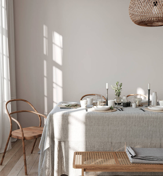 sala de jantar interior em cores brilhantes com móveis de vime e um lustre. 3D renderização, ilustração 3d   - Foto, Imagem