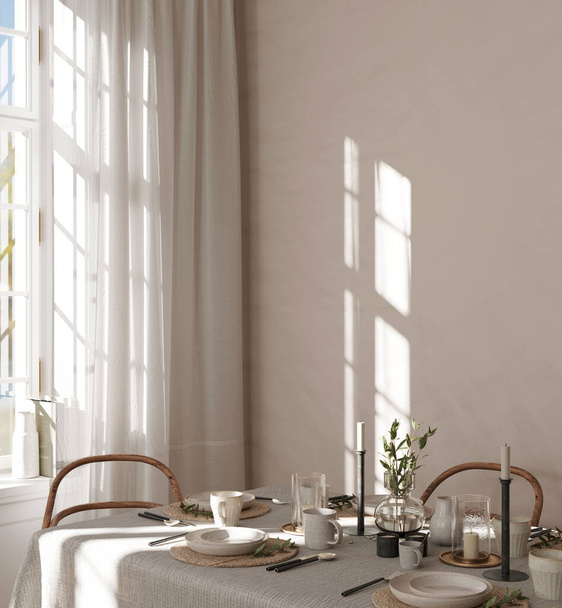 sala de jantar interior em cores brilhantes com móveis de vime e um lustre. Vista lateral. 3D renderização, ilustração 3d   - Foto, Imagem