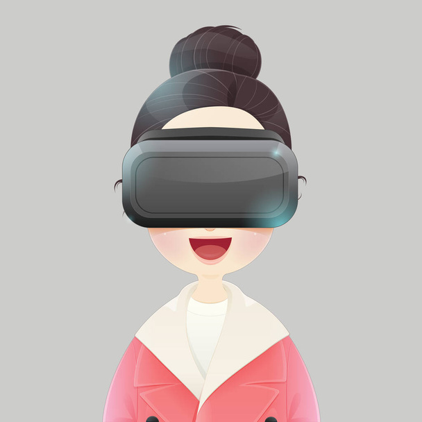 Ilustrace žena na sobě virtuální realita zařízení přes šedé pozadí. Usmívající se mladá žena s brýlemi. Virtuální realita headset. Vektorový kreslený design. - Vektor, obrázek