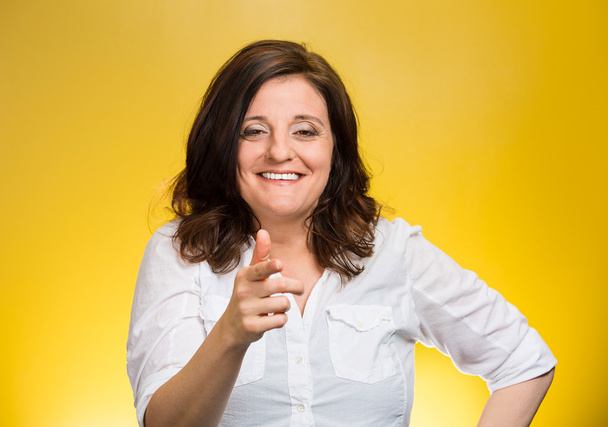 woman laughing smiling pointing finger at someone - Foto, Bild