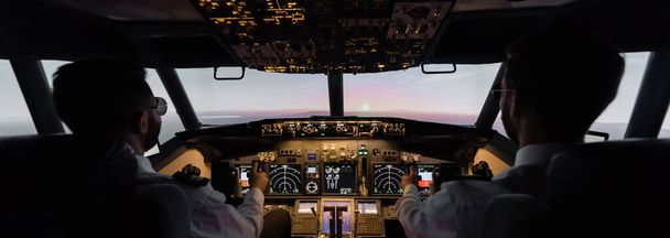 vue arrière des professionnels pilotant un avion, bannière - Photo, image