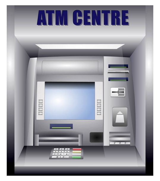 Bir ATM 'nin gerçekçi Illustration' u, ekranlı ATM ATM para makinesi, banka kartı veya kredi kartı için tuş takımı.  - Vektör, Görsel