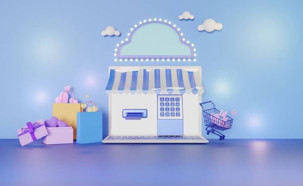 3D Shop facade, online shopping concept, Winter.  3d illustration or 3d render. - Photo, Image
