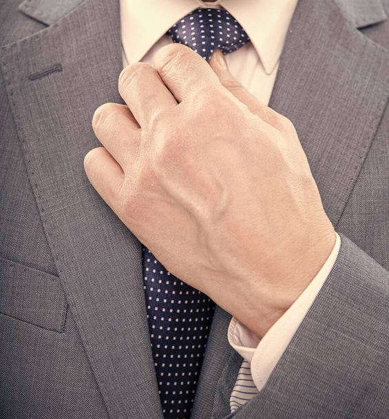 hand tie necktie of man in suit closeup, formal fashion - Photo, Image