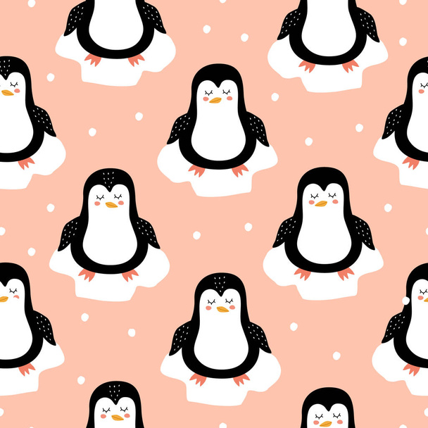 Lindos pingüinos y copos de nieve ilustración vectorial dibujado a mano. Adorable fondo de bebé. Patrón sin costura de animales divertidos.  - Vector, Imagen