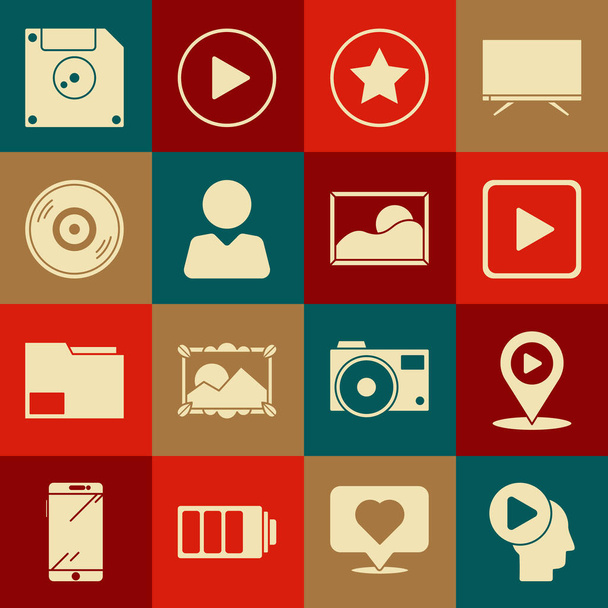Set Head people with play button, Digital media location, Play in square, Star, Add friend, Vinyl disk, Floppy for computer data storage and Picture landscape icon. Vector - Vektori, kuva