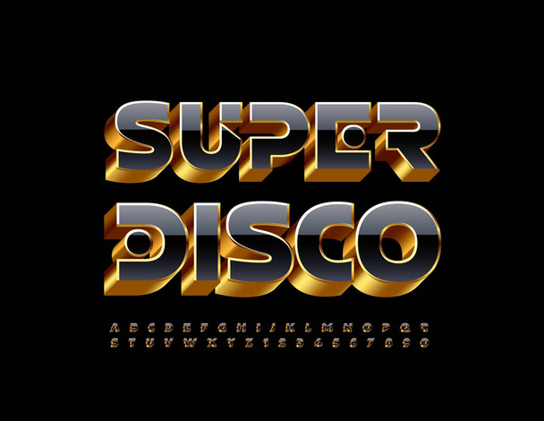 Vector creative flyer Super Disco with 3D Black and Gold Font. Unique Alphabet Letters and Numbers set - Vetor, Imagem
