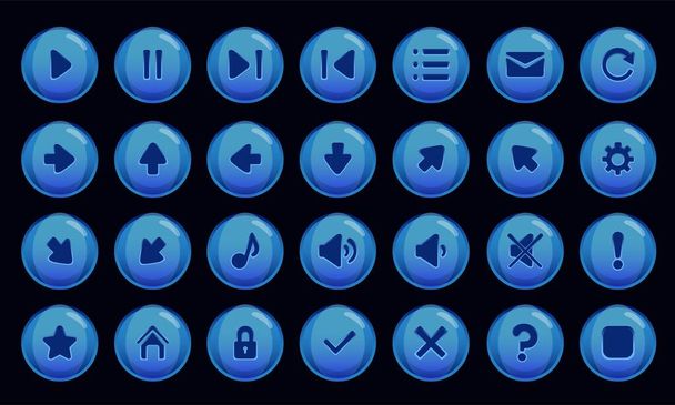 Kék színű gombok és grafikus felület ikonok játékok - Vektor, kép