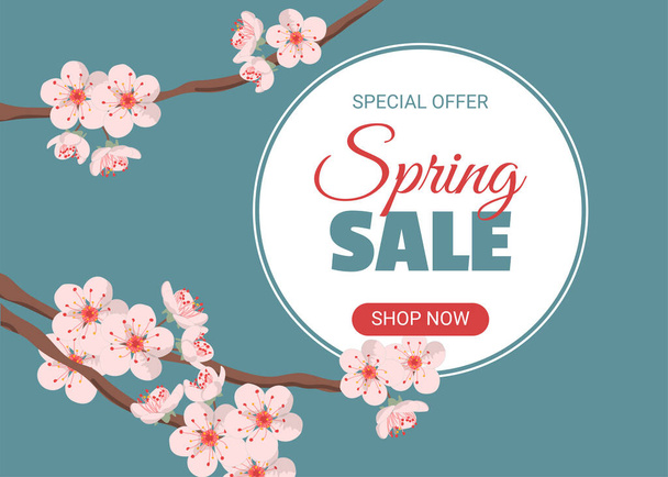 Spring sale banner with blooming pink cherry flowers on blue background. Template for flyer, voucher, brochure and banner design. - Вектор,изображение