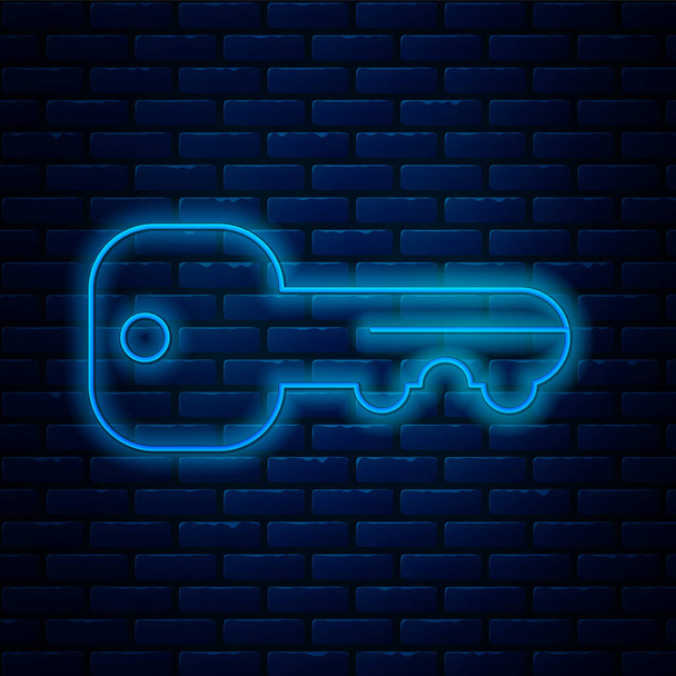 Gloeiende neon lijn Huis sleutel pictogram geïsoleerd op baksteen muur achtergrond. Vector - Vector, afbeelding