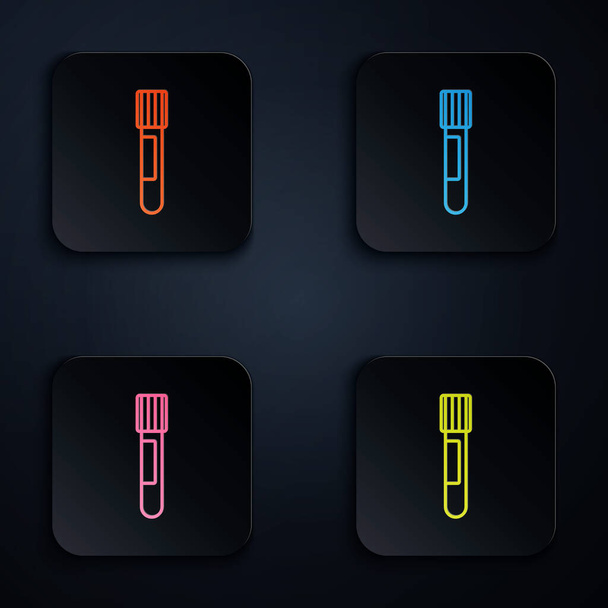 Color neon line Test tube and flask chemical laboratory test icon isolated on black background. Laboratory glassware sign. Set icons in square buttons. Vector - Vector, Image