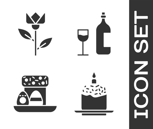 Set gâteau de Pâques et bougie, tulipe de fleurs, gâteau de Pâques et oeufs et bouteille de vin avec icône en verre. Vecteur. - Vecteur, image