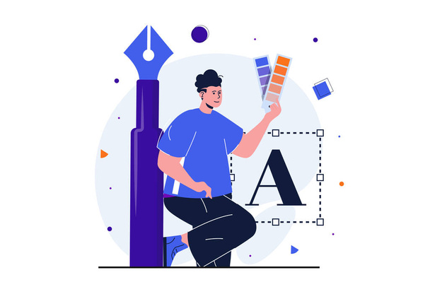 Designer studio modern flat concept for web banner design. Man illustrator stands near artist working tools, draws with pen and chooses colors palette. Vector illustration with isolated people scene - Vector, Image