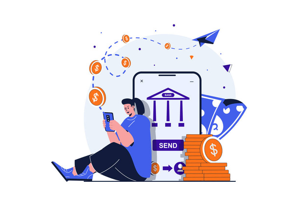 Mobile banking modern flat concept for web banner design. Woman pays for purchases or sends money using smartphone app. Financial account service online. Vector illustration with isolated people scene - Vector, Image