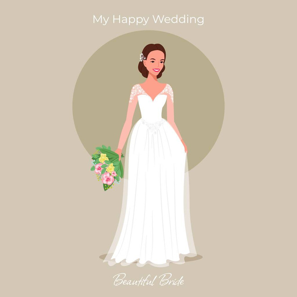 Невеста в красивом платье с букетиком поздравительной открытки. Приглашение на свадьбу. Векторная иллюстрация в плоской - Вектор,изображение