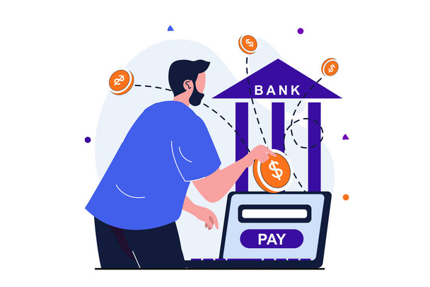 Online payment modern flat concept for web banner design. man pays for purchases bill and makes bank transfer using laptop. Secure transactions service. Vector illustration with isolated people scene - Vector, Image