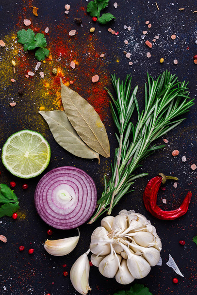 Food background, set of spices and herbs, on a dark background, concept, top view, no people, - Photo, Image