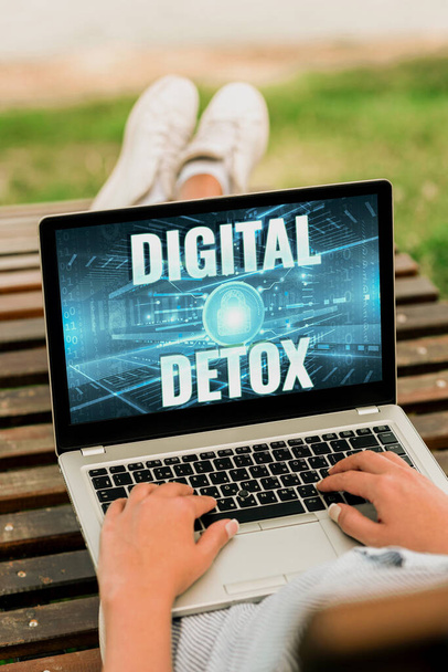 Hand writing sign Digital Detox. Business overview Prohibiting the usage of electronic and digital devices Laptop Resting On Lap Of Woman With Cross Leg Accomplishing Remote Job. - Photo, Image